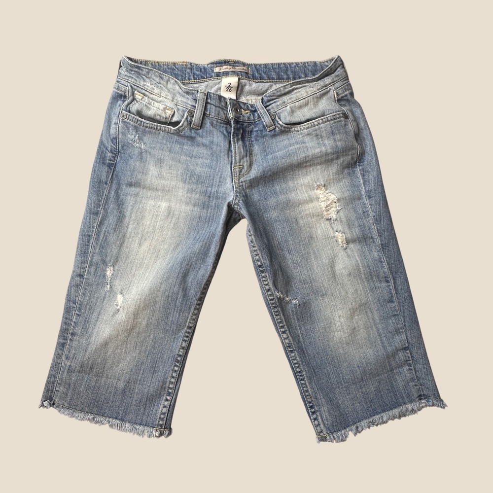 Lucky Brand Shorts Womens 2/26 Zoe Bermuda Blue Distressed Frayed Hem 7W10485